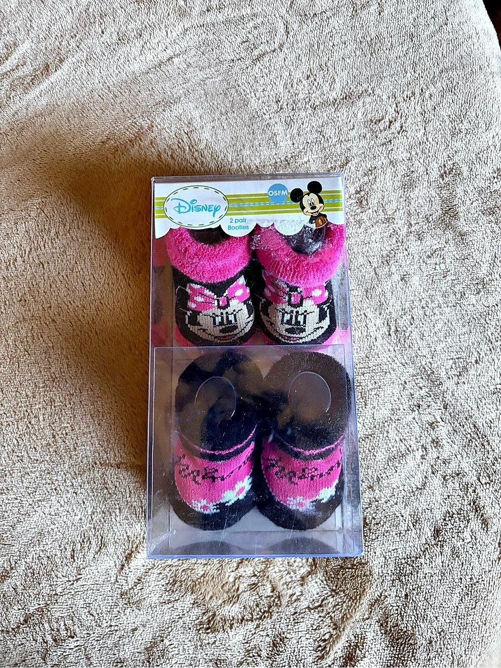 Disney Minnie Mouse 2 Pair Bootie Socks Pink & Black Baby One Size Fits Most.